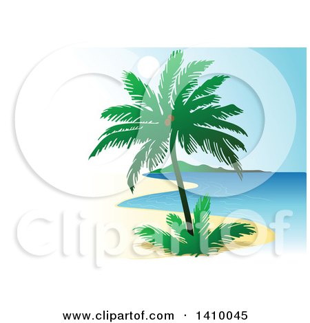 Clipart of a Travel Background of a Coconut Palm Tree and Coastline with White Text Space on the Left - Royalty Free Vector Illustration by dero