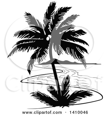 Clipart of a Black and White Travel Design of a Coconut Palm Tree and Coastline - Royalty Free Vector Illustration by dero