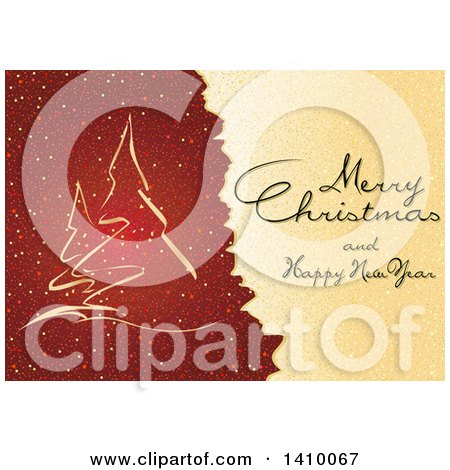 Clipart of a Merry Christmas and Happy New Year Greeting on Red and Gold with Trees - Royalty Free Vector Illustration by dero