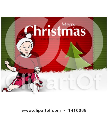 Clipart of a Merry Christmas and Happy New Year Greeting on Green and Red Stripes with Snow, a Tree and Boy - Royalty Free Vector Illustration by dero