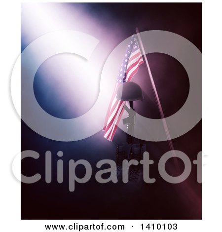 Clipart of a 3d American Flag over a Fallen War Soldier Tribute, in Dramatic Lighting - Royalty Free Illustration by KJ Pargeter