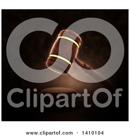 Clipart of a 3d Wooden Judge's Gavel Hitting the Block, with Dramatic Lighting on Black - Royalty Free Illustration by KJ Pargeter
