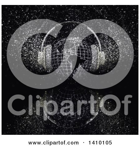 Clipart of a 3d Grid Globe with Headphones with Glitter on Black - Royalty Free Illustration by KJ Pargeter