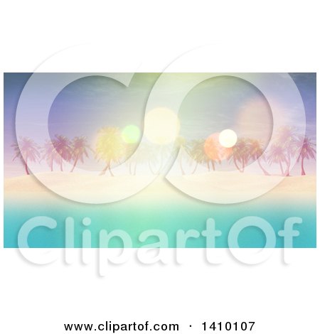 Clipart of a 3d Island with White Sand, Palm Trees and Blue Water with Flares - Royalty Free Illustration by KJ Pargeter