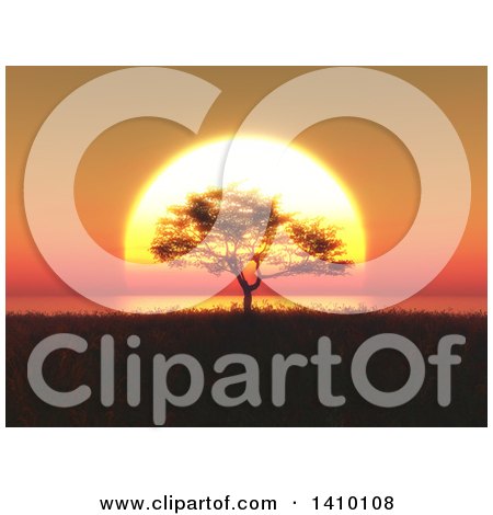 Clipart of a 3d Silhouetted Tree Against an Orange Ocean Sunset - Royalty Free Illustration by KJ Pargeter