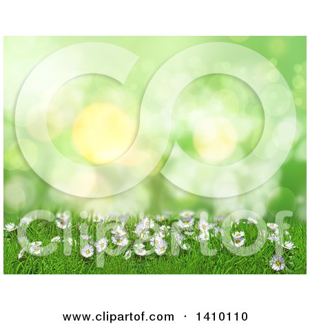 Clipart of a 3d Grassy Hill with Daisies and Grass Against Green Flares - Royalty Free Illustration by KJ Pargeter