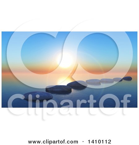 Clipart of a Line of 3d Stepping Stones on Water Under a Sunset Sky - Royalty Free Illustration by KJ Pargeter