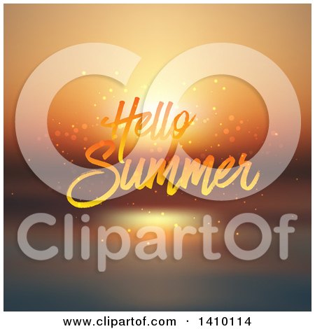 Clipart of a Blurred Orange Ocean Sunset with Hello Summer Text - Royalty Free Vector Illustration by KJ Pargeter
