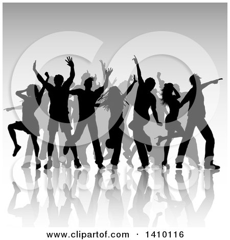 Clipart of a Group of Silhouetted Dancers over Gray - Royalty Free Vector Illustration by KJ Pargeter