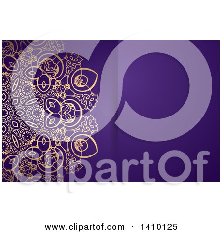 Clipart of a Golden Ornate and Purple Background or Business Card Design - Royalty Free Vector Illustration by KJ Pargeter