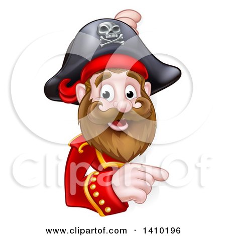 Clipart of a Happy Male Pirate Captain Pointing Around a Sign - Royalty Free Vector Illustration by AtStockIllustration