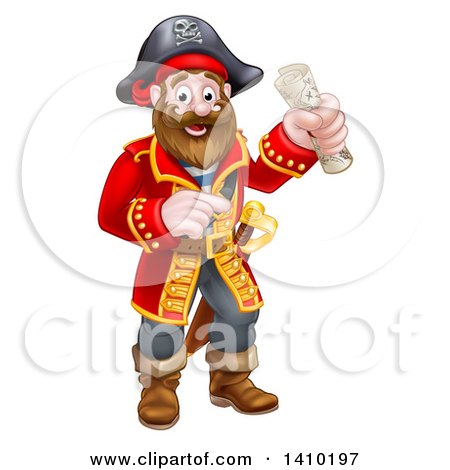 Clipart of a Happy Male Pirate Captain Holding a Treasure Map and Pointing - Royalty Free Vector Illustration by AtStockIllustration