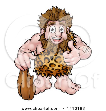 Clipart of a Cartoon Happy Caveman Holding a Club and Giving a Thumb up - Royalty Free Vector Illustration by AtStockIllustration