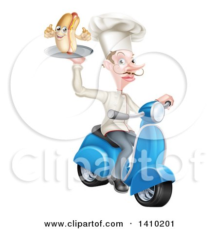 Clipart of a White Male Chef with a Curling Mustache, Holding a Hot Dog on a Scooter - Royalty Free Vector Illustration by AtStockIllustration