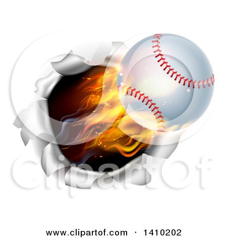 Clipart of a 3d Flying and Blazing Baseball with a Trail of Flames, Breaking Through a Wall - Royalty Free Vector Illustration by AtStockIllustration