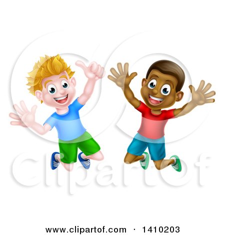 Clipart of Happy Excited White and Black Boys Jumping - Royalty Free Vector Illustration by AtStockIllustration