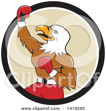 Clipart of a Cartoon Bald Eagle Man Boxer Pumping His Fist in a Black White and Tan Circle - Royalty Free Vector Illustration by patrimonio