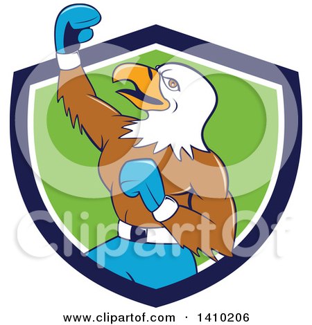 Clipart of a Cartoon Bald Eagle Man Boxer Pumping His Fist in a Blue White and Green Shield - Royalty Free Vector Illustration by patrimonio