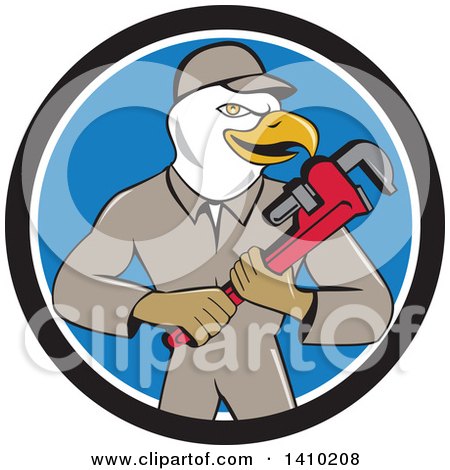 Clipart of a Cartoon Bald Eagle Plumber Man Holding a Monkey Wrench in a Black White and Blue Circle - Royalty Free Vector Illustration by patrimonio