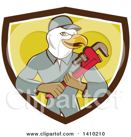 Clipart of a Cartoon Bald Eagle Plumber Man Holding a Monkey Wrench in a Brown White and Yellow Shield - Royalty Free Vector Illustration by patrimonio