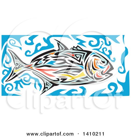 Clipart of a Retro Colorful Tribal Art Style Giant Trevally Kingfish and Blue Water - Royalty Free Vector Illustration by patrimonio