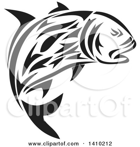 Clipart of a Retro Black and White Tribal Art Style Giant Trevally Kingfish - Royalty Free Vector Illustration by patrimonio