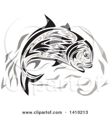 Clipart of a Retro Jumping Tribal Art Style Giant Trevally Kingfish - Royalty Free Vector Illustration by patrimonio