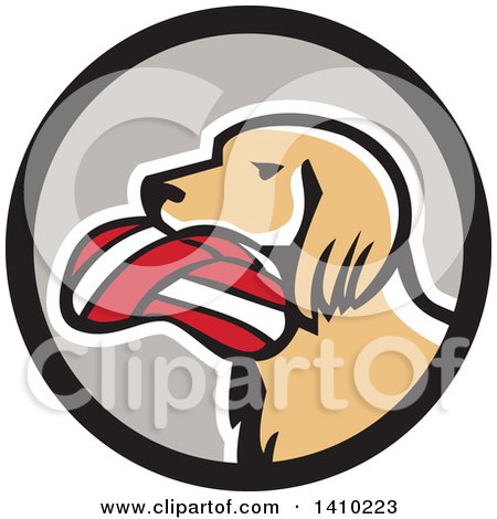 Clipart of a Retro English Setter Dog with a Deflated Volleyball in His Mouth in a Black and Gray Circle - Royalty Free Vector Illustration by patrimonio