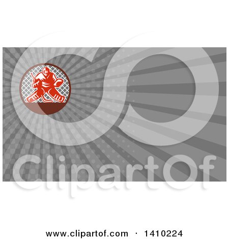 Clipart of a Retro Red and White Ice Hockey Goalie over a Net and Gray Rays Background or Business Card Design - Royalty Free Illustration by patrimonio