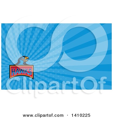 Clipart of a Retro Blue Hawk Bird with Text and Blue Rays Background or Business Card Design - Royalty Free Illustration by patrimonio