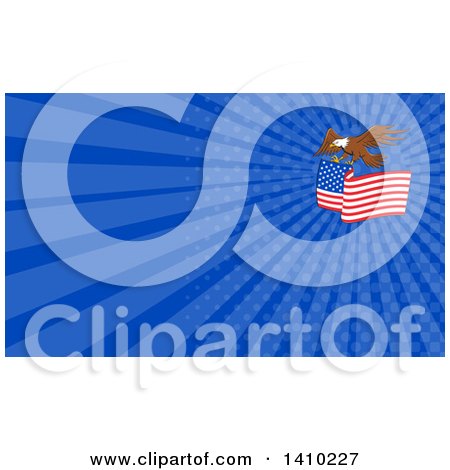 Clipart of a Bald Eagle Flying with an American Flag and Blue Rays Background or Business Card Design - Royalty Free Illustration by patrimonio