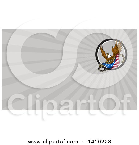 Clipart of a Retro Bald Eagle Flying with an American Flag and Towing J Hook and Gray Rays Background or Business Card Design - Royalty Free Illustration by patrimonio