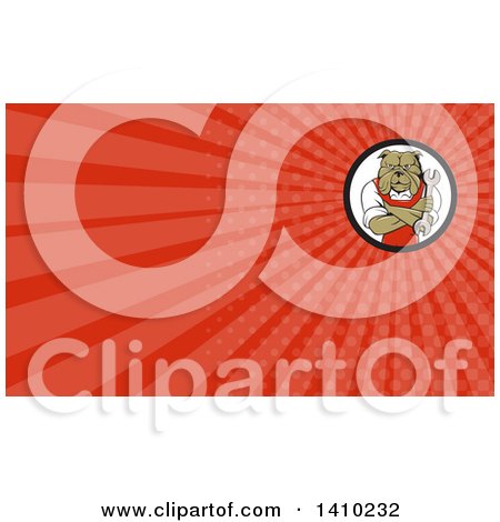 Clipart of a Cartoon Bulldog Man Mechanic with Folded Arms, Holding a Wrench and Red Rays Background or Business Card Design - Royalty Free Illustration by patrimonio
