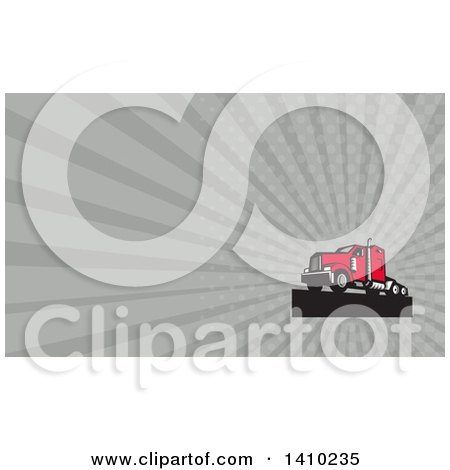Clipart of a Retro Red Big Rig Truck and Gray Rays Background or Business Card Design - Royalty Free Illustration by patrimonio