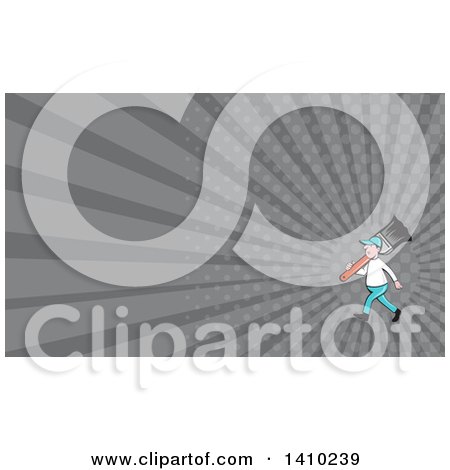 Clipart of a Retro Cartoon White Male House Painter Carrying a Giant Brush on His Shoulder and Gray Rays Background or Business Card Design - Royalty Free Illustration by patrimonio