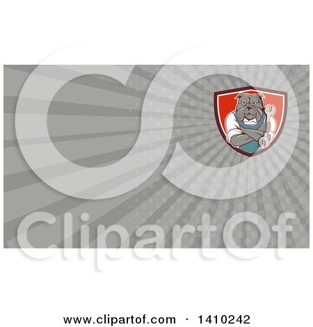 Clipart of a Cartoon Bulldog Man Mechanic with Folded Arms, Holding a Wrench and Gray Rays Background or Business Card Design - Royalty Free Illustration by patrimonio