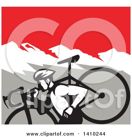 Clipart of a Retro Male Cyclocross Athlete Running and Carrying Bicycle on His Shoulders in the Mountains - Royalty Free Vector Illustration by patrimonio