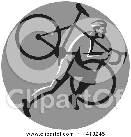 Clipart of a Retro Male Cyclocross Athlete Running and Carrying Bicycle on His Shoulders in a Gray Circle - Royalty Free Vector Illustration by patrimonio