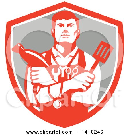 Clipart of a Retro Jack of All Trades Worker Man Holding a Blow Dryer and Spatula, Wearing a Stethoscope and Tools in a Shield - Royalty Free Vector Illustration by patrimonio