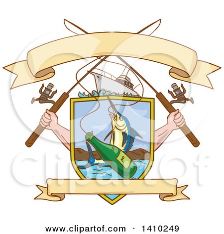 Clipart of a Sketched Crossed Arms Holding Fishing Rods over a Shield with a Marlin Fish and Beer Bottle over Water - Royalty Free Vector Illustration by patrimonio