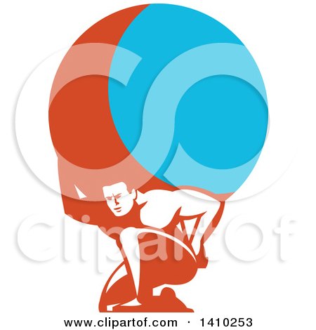 Clipart of a Retro Man, Atlas, Kneeling and Carrying a Blue and Orange Globe - Royalty Free Vector Illustration by patrimonio