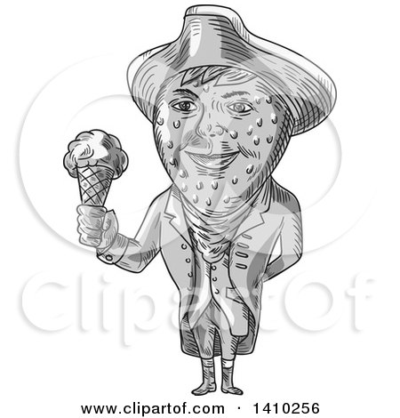 Clipart of a Grayscale Sketched Caricature Styled Victorian Gentleman with a Strawberry Head, Wearing a Tricorn Hat and Holding an Ice Cream Cone - Royalty Free Vector Illustration by patrimonio