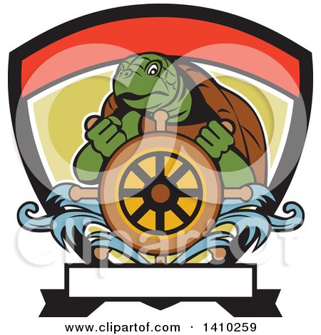 Clipart of a Cartoon Ridley Turtle Steering at a Helm in a Shield - Royalty Free Vector Illustration by patrimonio