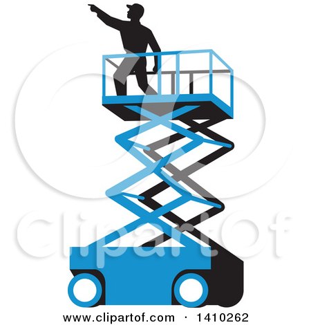 Clipart of a Retro Wpa Styled Silhouetted Male Worker on a Cherry Picker Scissor Lift - Royalty Free Vector Illustration by patrimonio