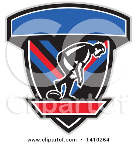 Clipart of a Retro Male Rugby Player in a Black Gray Red White and Blue Shield - Royalty Free Vector Illustration by patrimonio