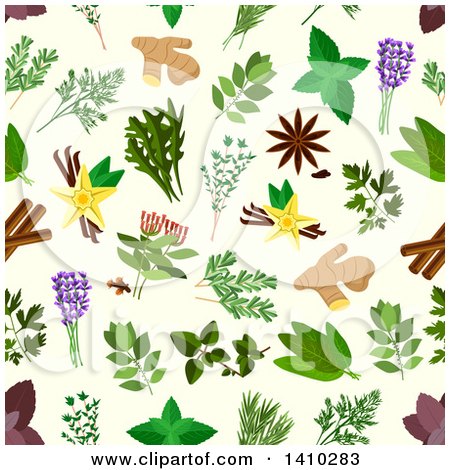 Clipart of a Seamless Background Pattern of Spices and Herbs - Royalty Free Vector Illustration by Vector Tradition SM