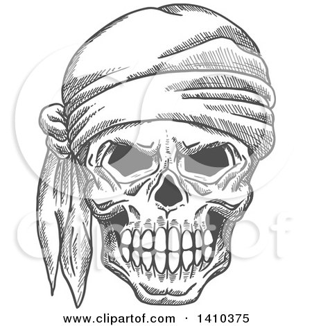 Clipart of a Sketched Gray Human Pirate Skull with a Bandana - Royalty Free Vector Illustration by Vector Tradition SM
