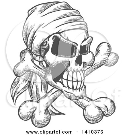 Clipart of a Sketched Gray Human Pirate Skull with a Bandana and Crossbones - Royalty Free Vector Illustration by Vector Tradition SM