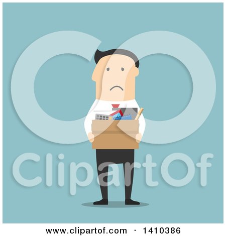 Clipart of a Flat Design White Businessman Carrying a Box of Belongings After Being Fired, on Blue - Royalty Free Vector Illustration by Vector Tradition SM