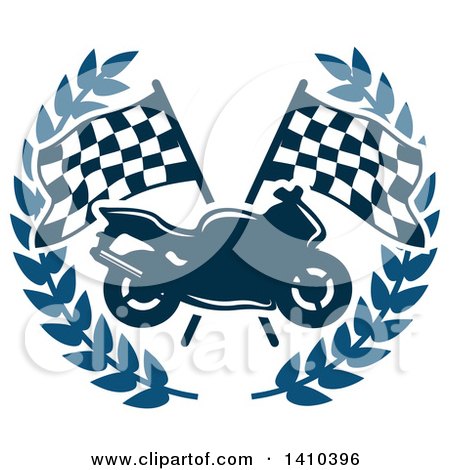 Clipart of a Motorcycle over Crossed Checkered Racing Flags in a Blue Wreath - Royalty Free Vector Illustration by Vector Tradition SM